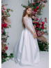 White Pearls Satin V Back Flower Girl Dress